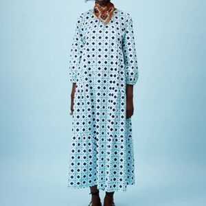 Zara Geometric Print Maxi Dress White Turquoise Navy Cotton Long Sleeve M